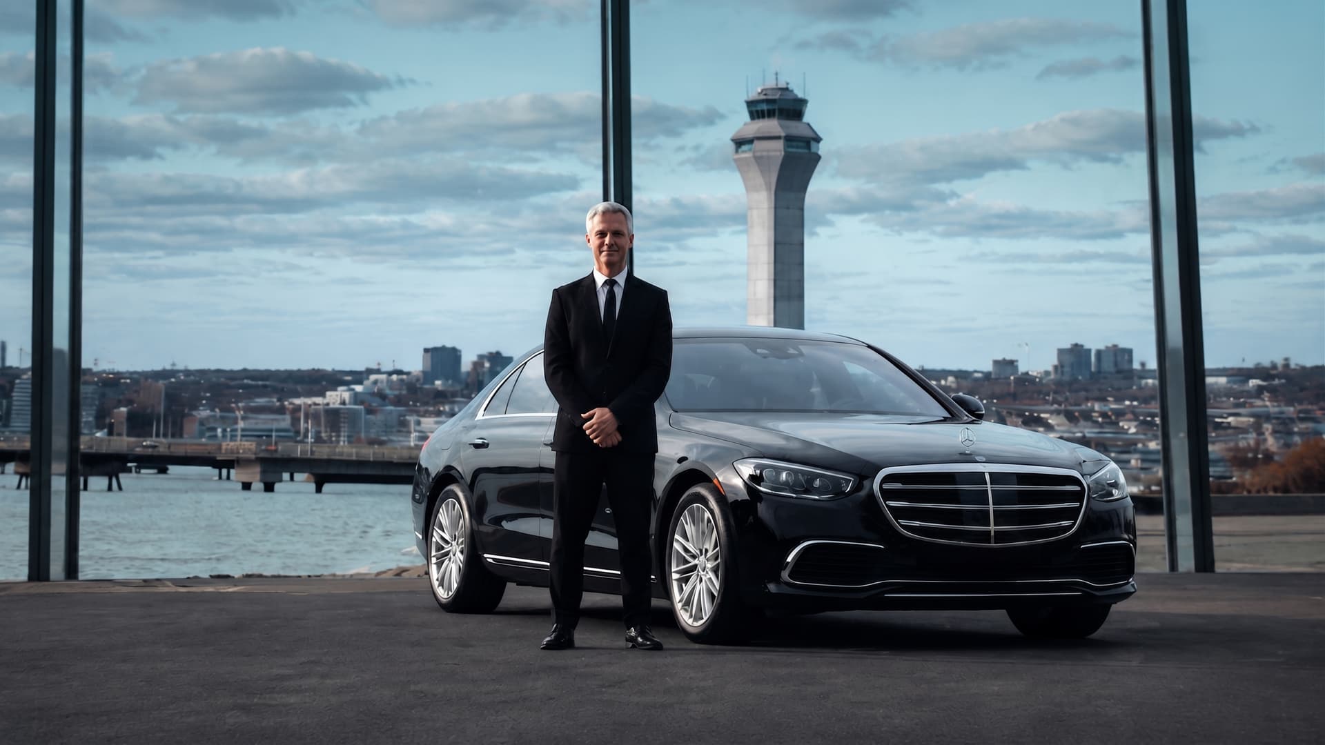 Chauffeur with black Mercedes sedan at Newark Liberty International Airport