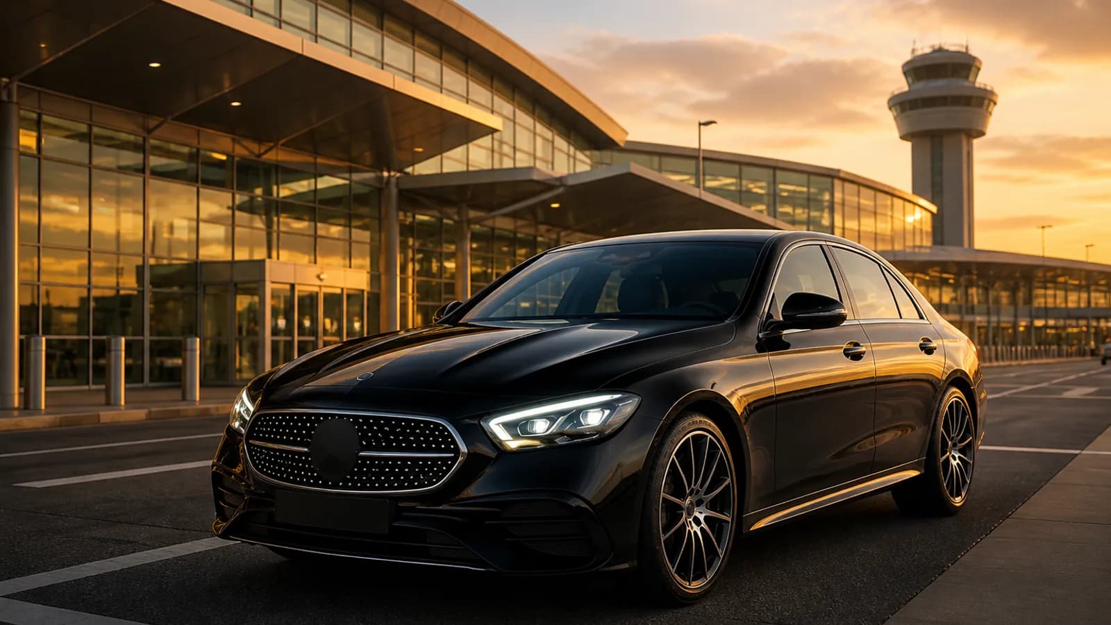 Chauffeur with black Mercedes sedan at Newark Liberty International Airport