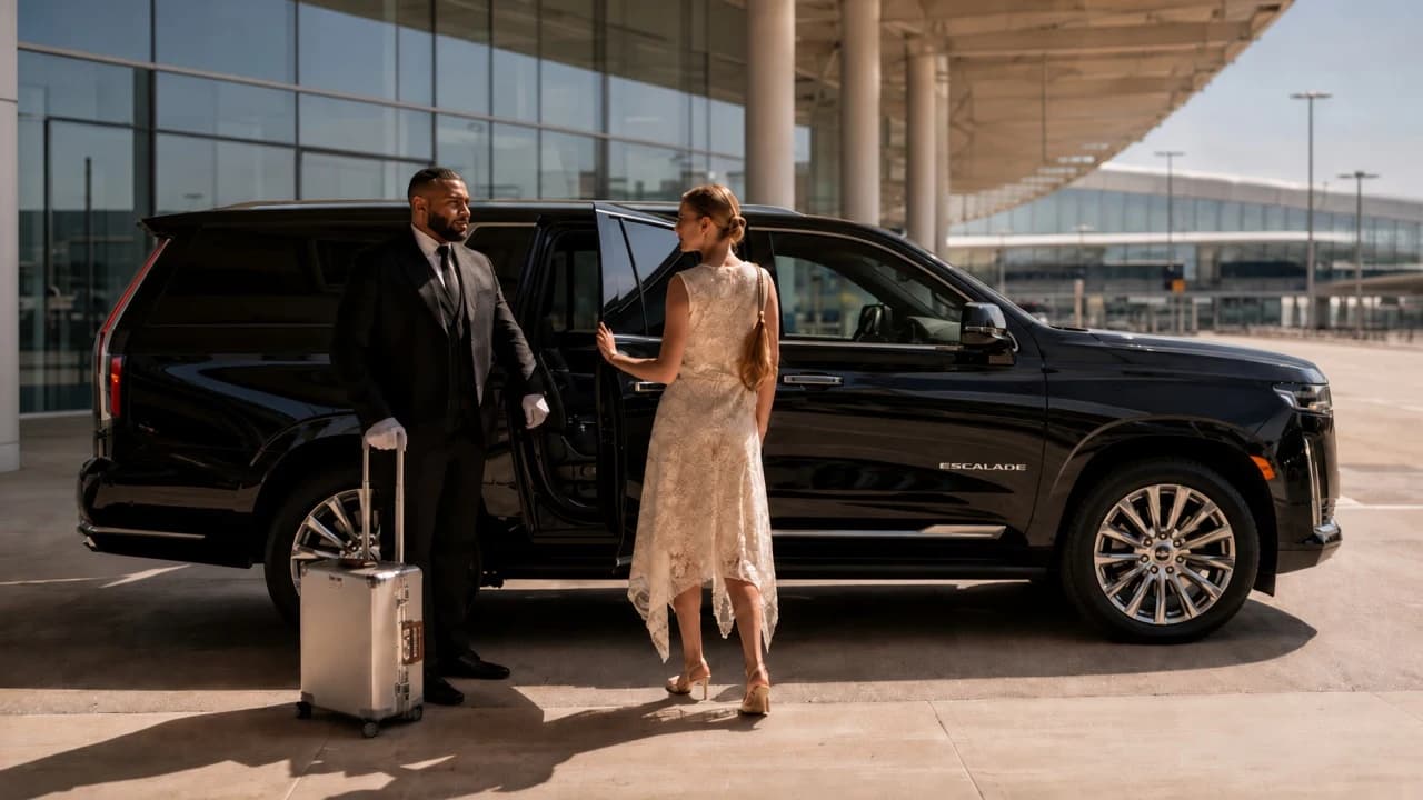 Chauffeur assisting passenger into black Escalade at JFK Airport