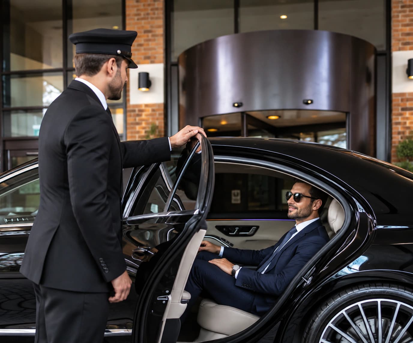 Passenger stepping into a luxury sedan with the chauffeur holding the door