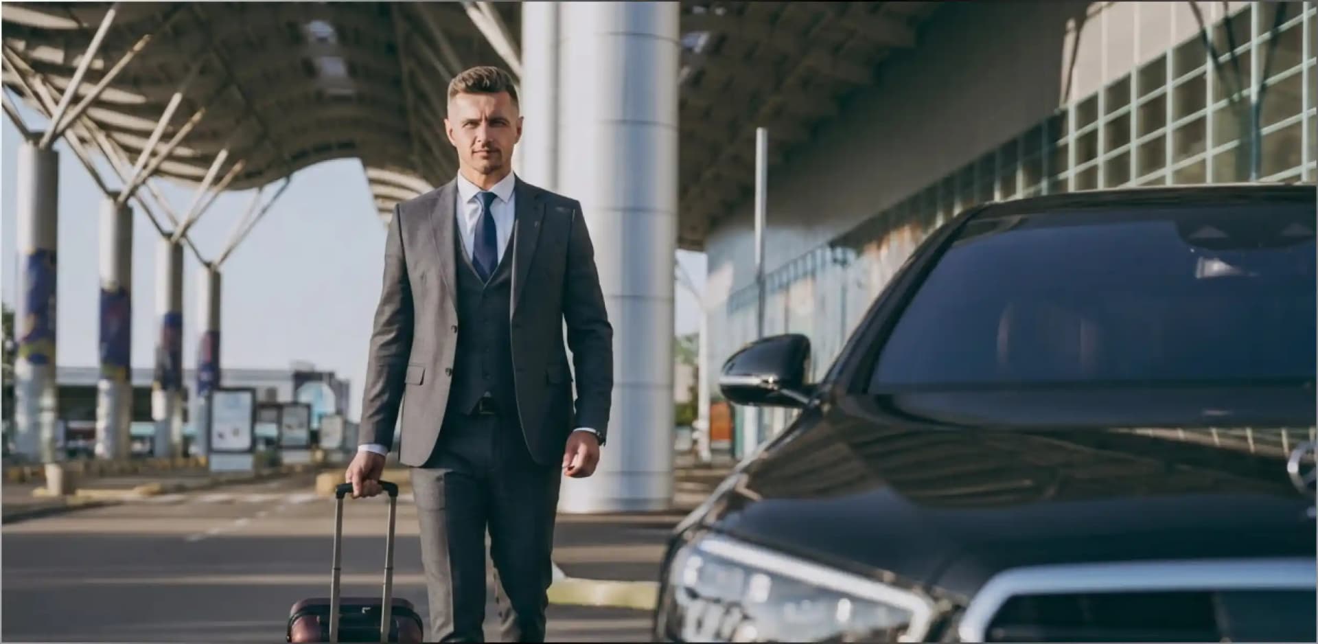 Man in a suit walking with luggage beside a black luxury car at an airport terminal