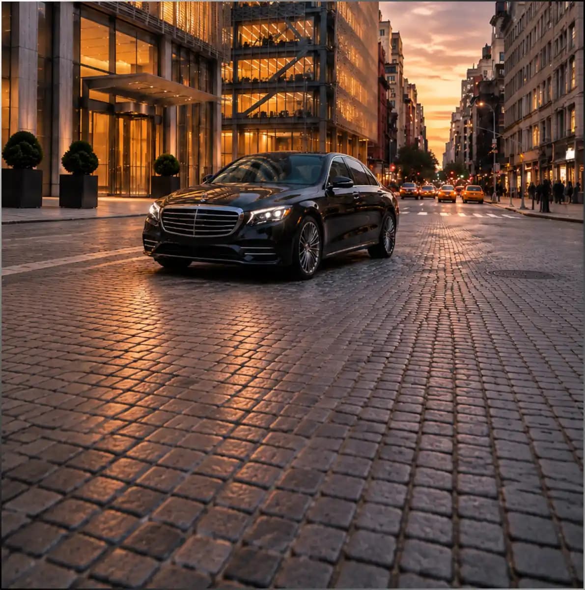 Black Mercedes sedan on a city street at sunset