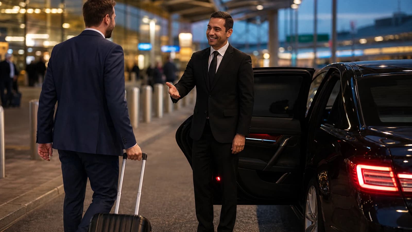 Professional chauffeur opening a luxury Cadillac SUV for airport transfer service