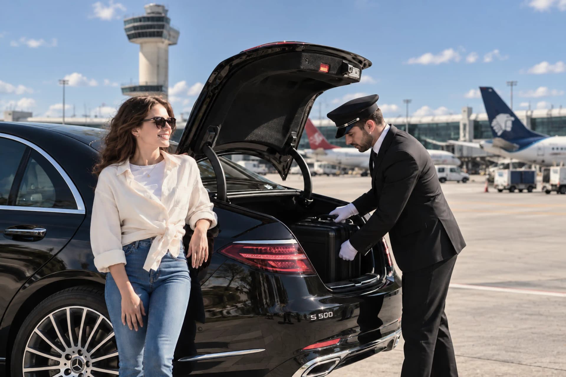 Black Cadillac Escalade parked on the tarmac as a commercial airplane lands at golden hour