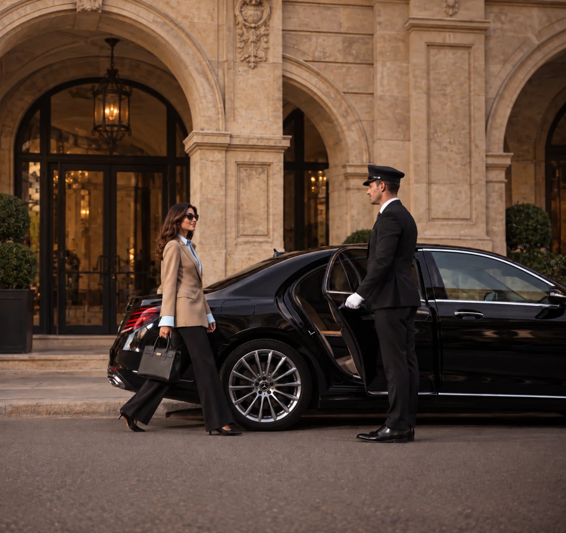 Hourly chauffeur beside a black Mercedes S-Class sedan at golden hour