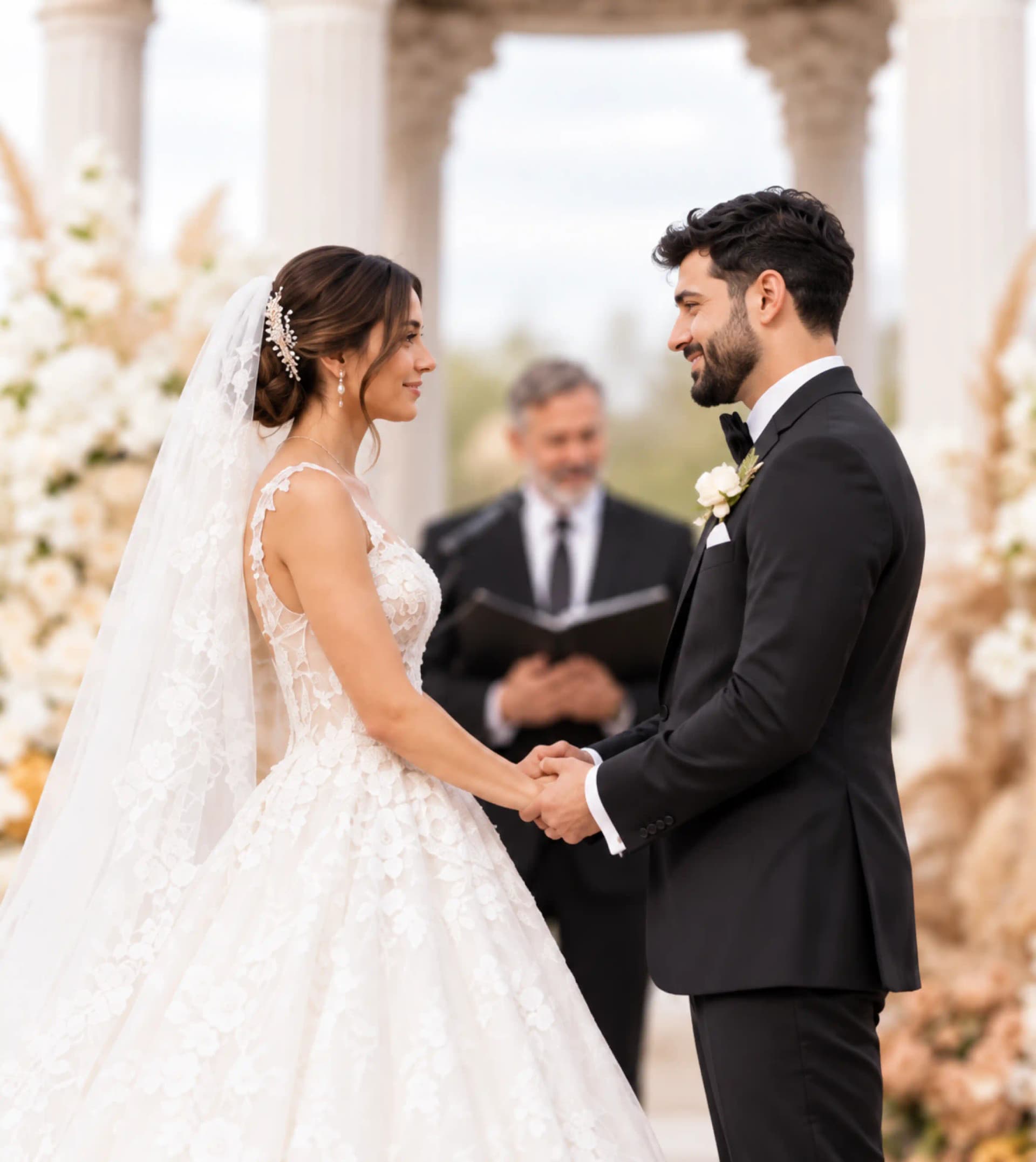 Bride and groom approaching a black luxury car outside a stone chapel at sunset