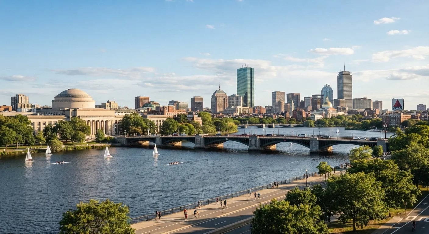 Boston skyline across calm water under a clear blue sky