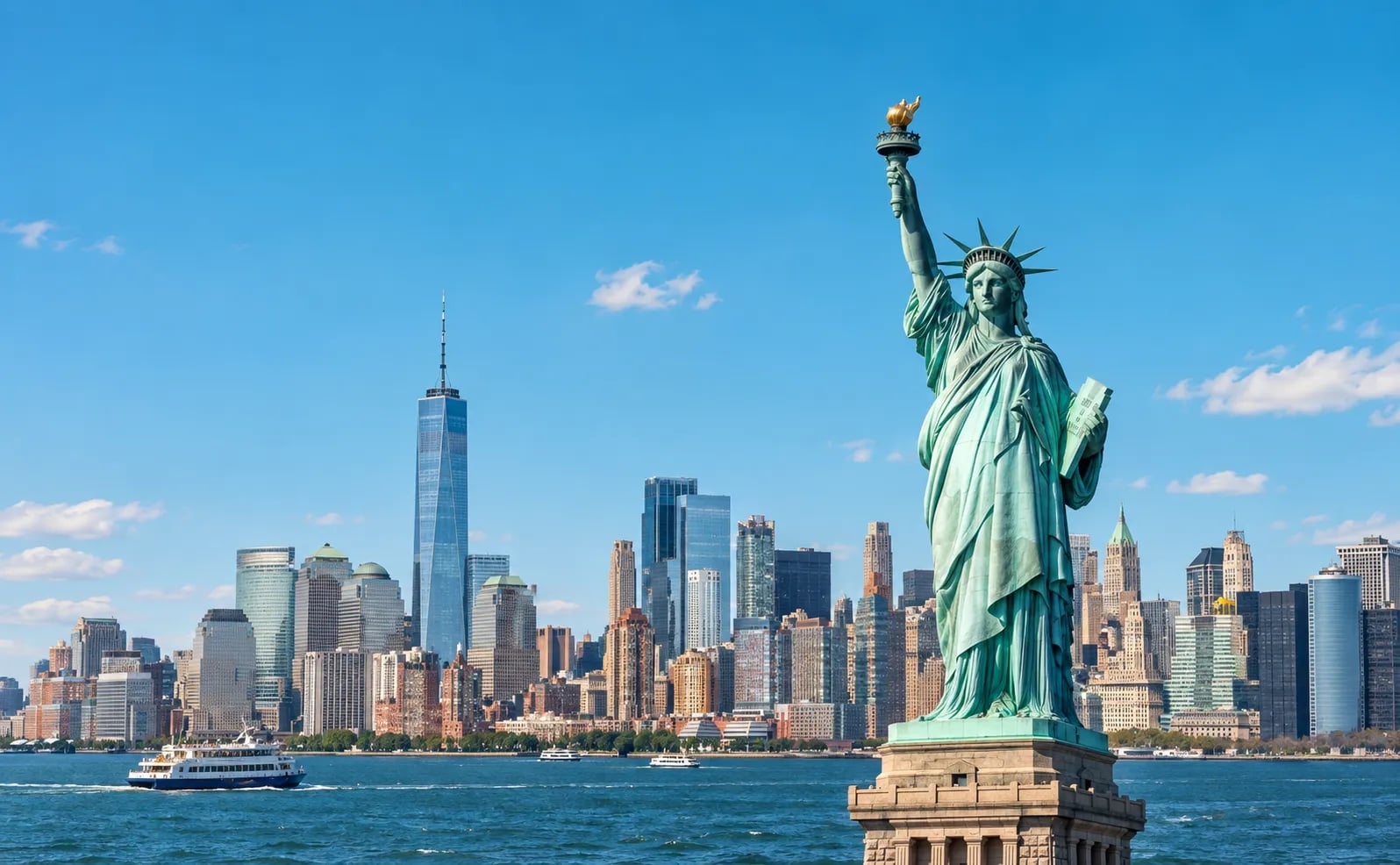Statue of Liberty and Manhattan skyline across New York Harbor