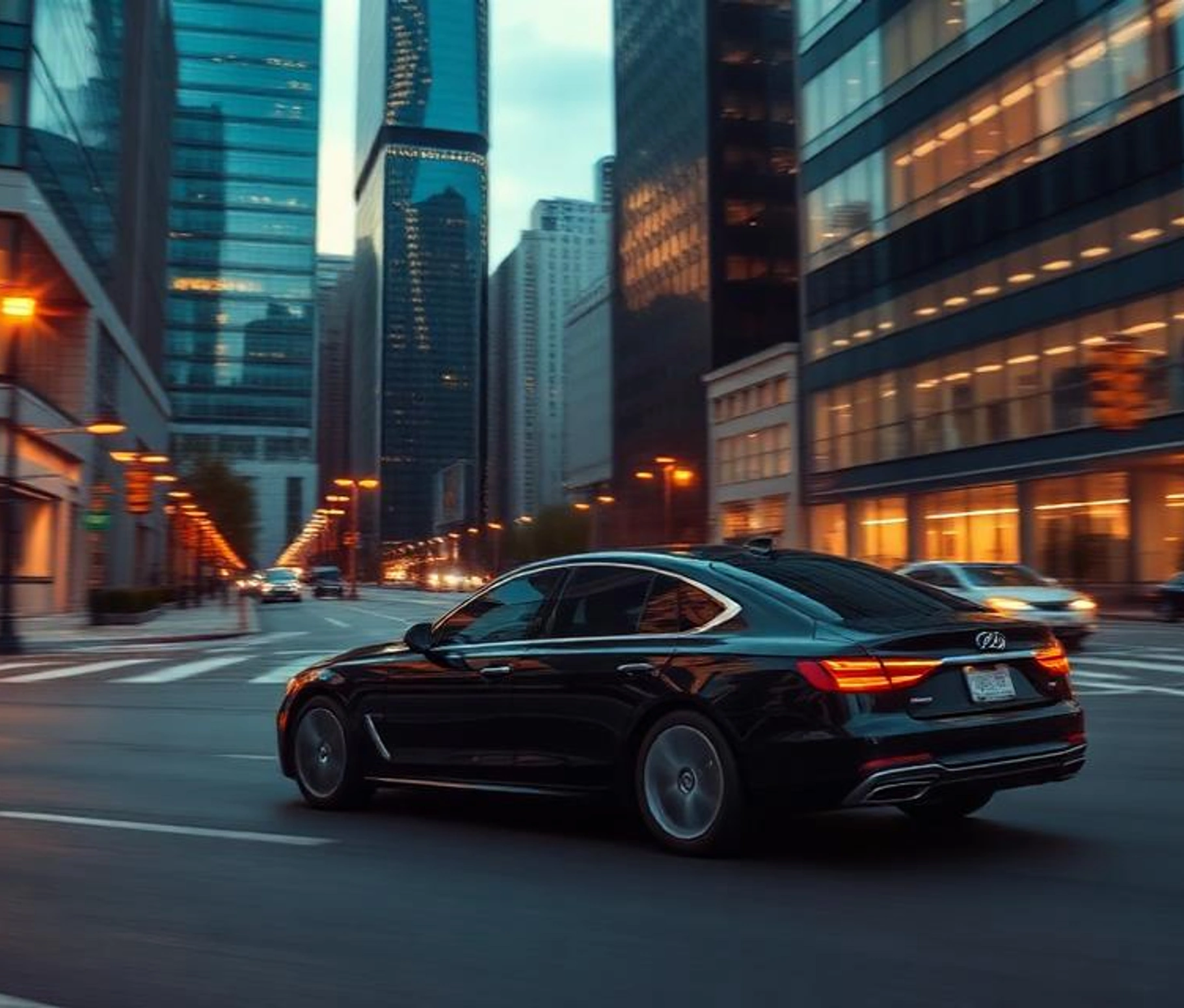 Luxury sedan chauffeured through the city at dusk