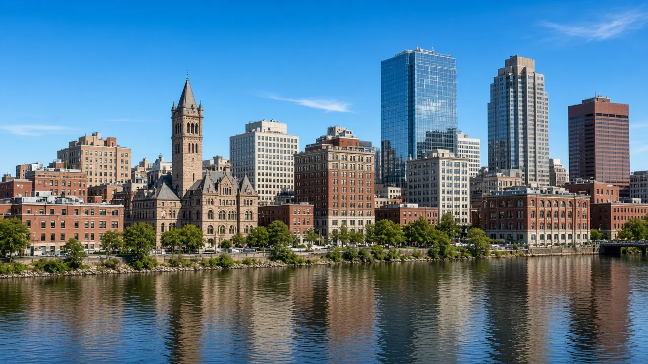 Connecticut city skyline with dense brick and glass buildings along the river