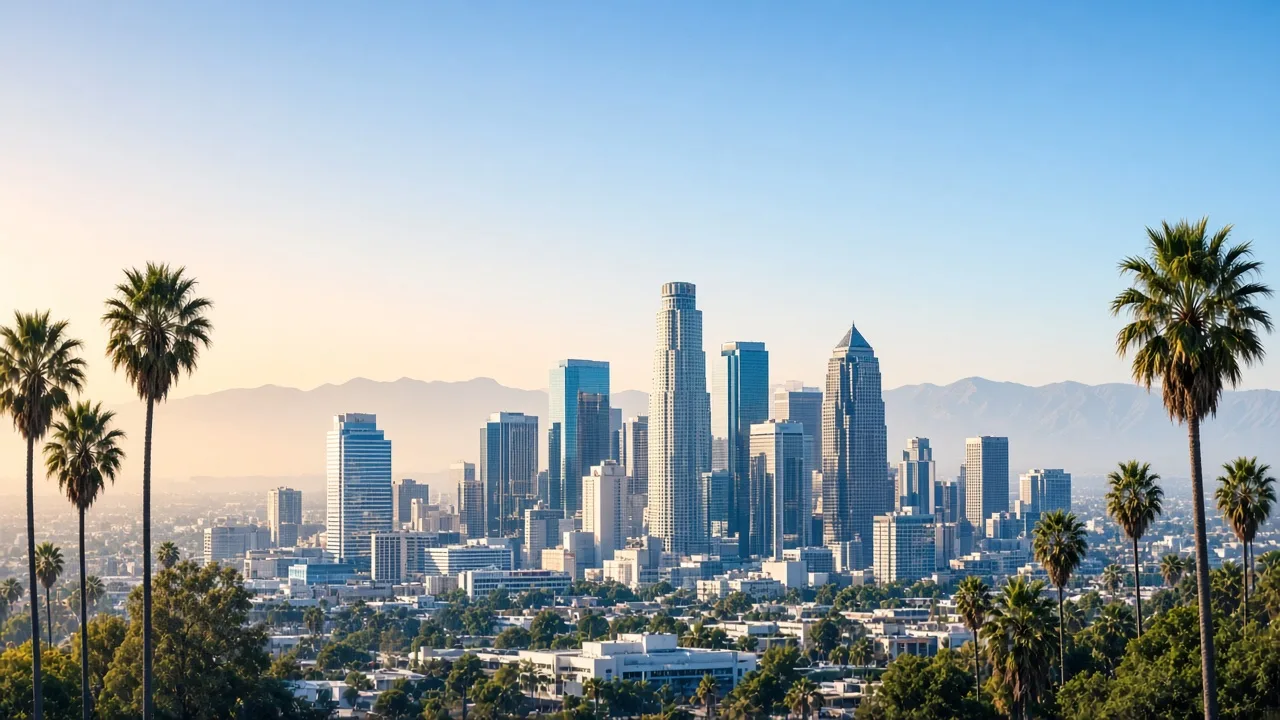 Los Angeles skyline in bright morning light with palm trees
