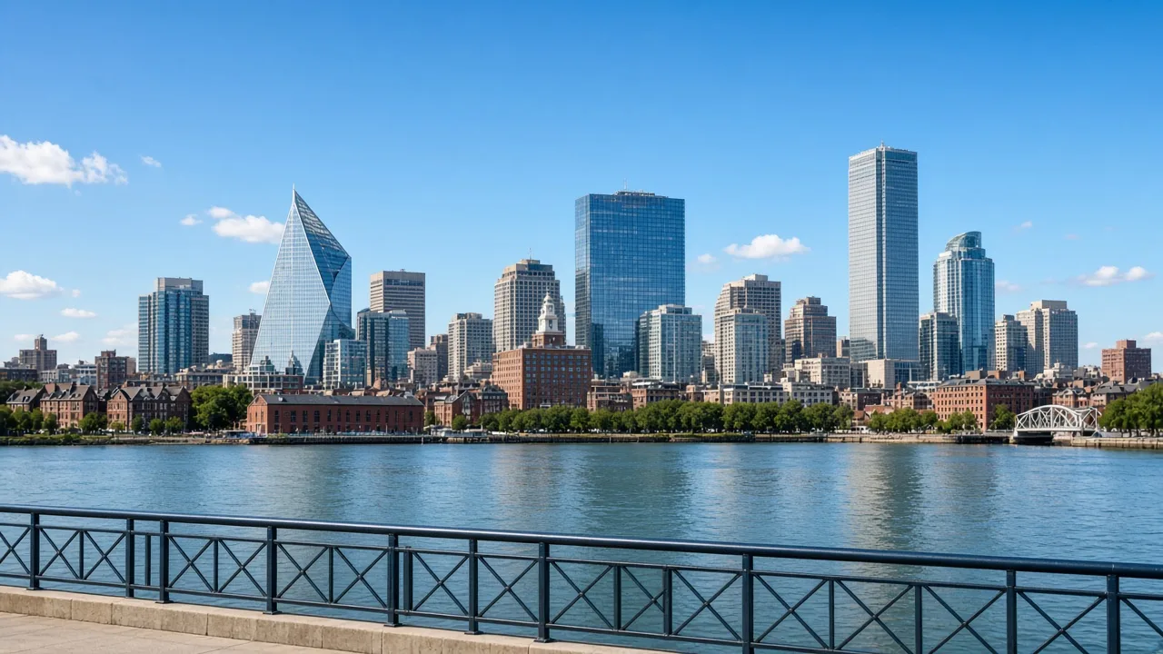 Boston skyline across calm water under a clear blue sky