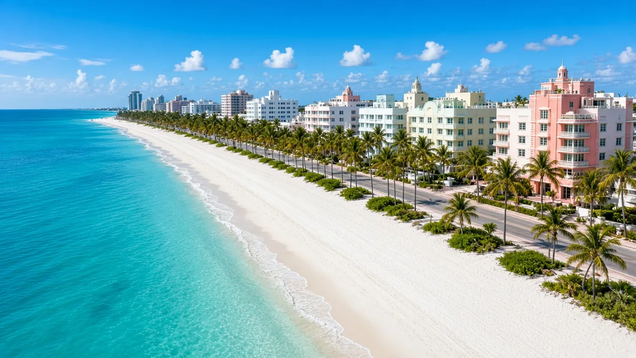 Miami Beach aerial view with turquoise water, palms, and pastel hotels