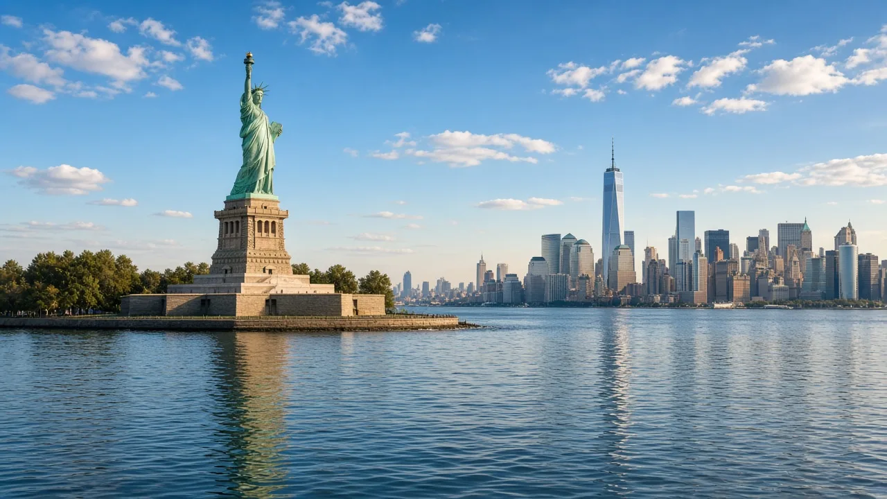 Statue of Liberty and Manhattan skyline across New York Harbor